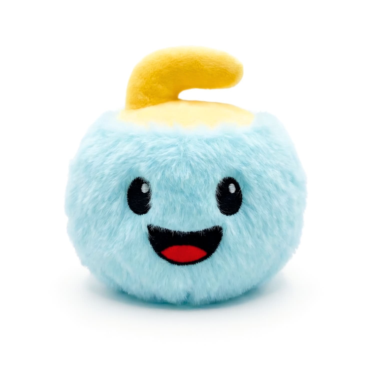 DuraPaw 2-in-1 plush dog pet toy curling shape with a blue body, yellow top, and black facial features on a white background