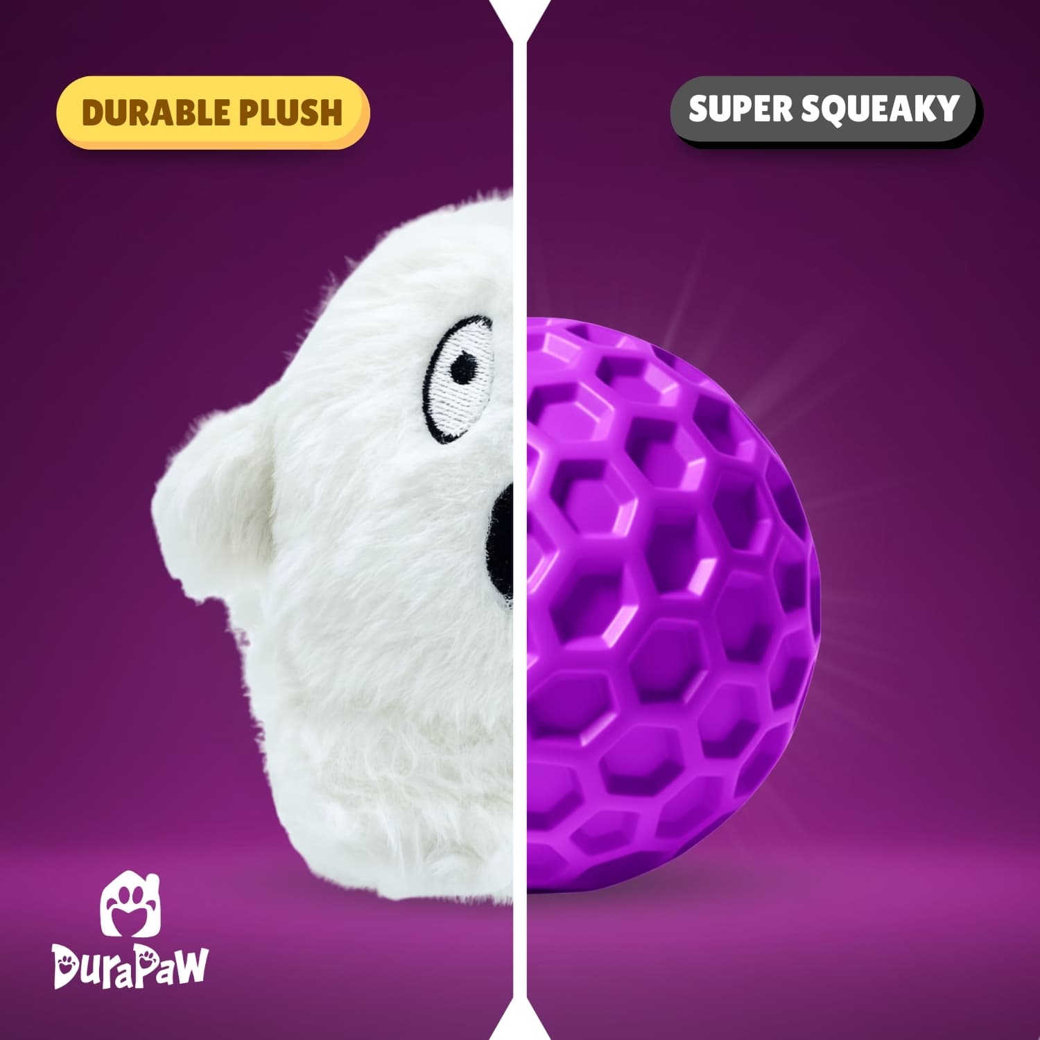 DuraPaw 2 in 1 Rippables white plush squeaky Halloween dog toy and purple ball on a purple background