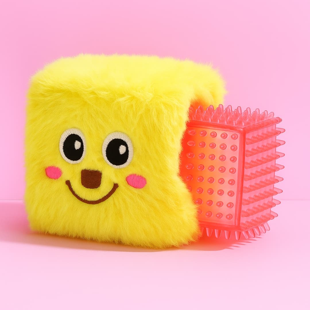 Durable dog toy featuring a smiling yellow plush cube paired with a pink spiked chew section, shown on a pastel pink background.