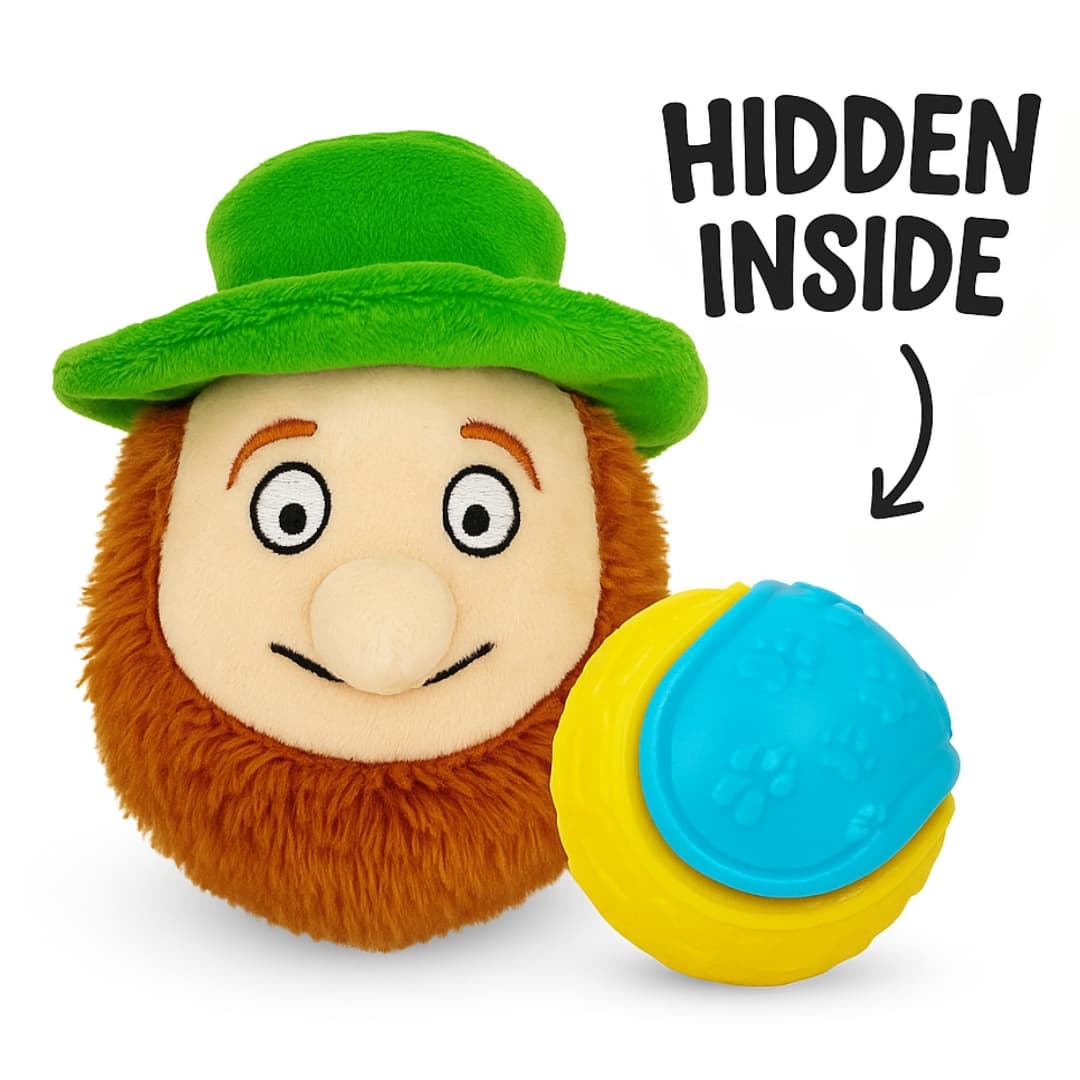 Leprechaun 2 in 1 plush toy with a face and a blue and yellow rubber ball hidden inside