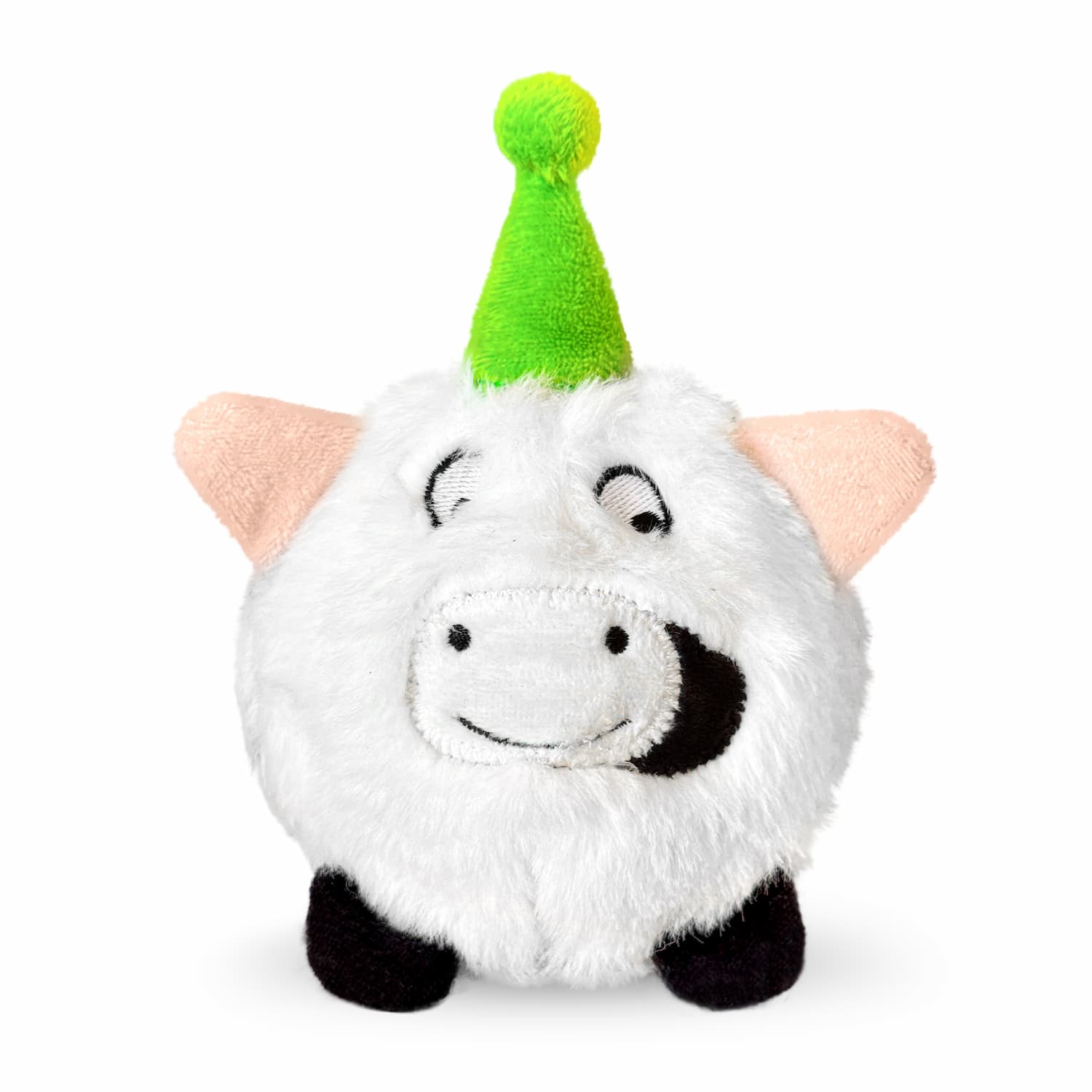 DuraPaw 2-in-1 Rippable Birthday Cow dog toy with a green party hat and soft plush exterior