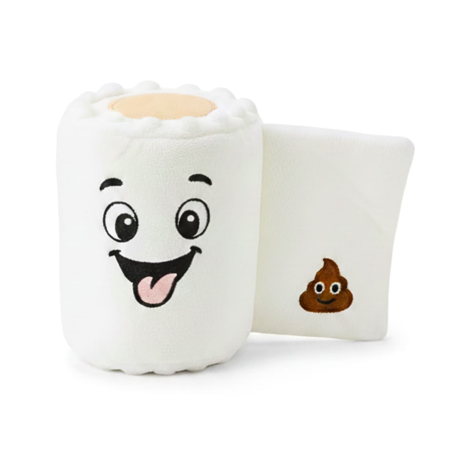DuraPaw Rippable 2-in-1 plush toilet paper dog toy with a smiling face and poop emoji on a white background