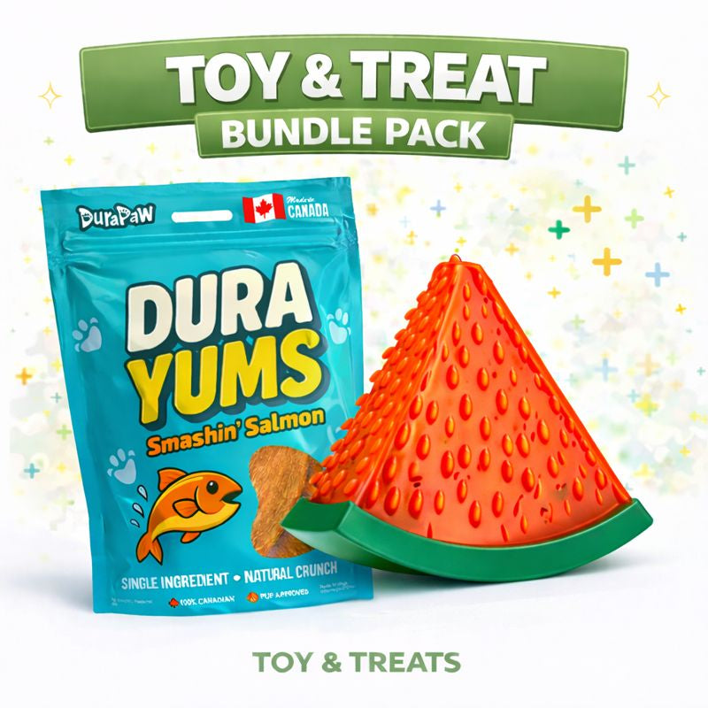 DuraYums dog treat package and watermelon-shaped toy on a white background with Toy & Treat Bundle Pack text.