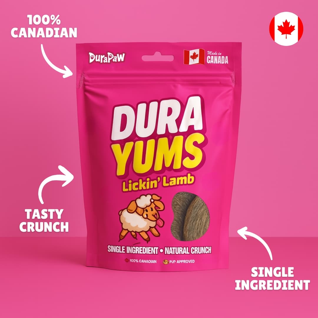 DuraYums Lickin Lamb dehydrated dog treats package with DuraPaw branding on a pink background