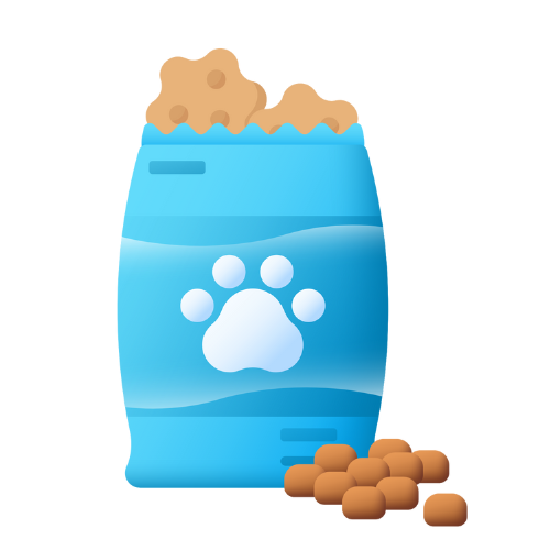Blue bag of dog treats with a paw print icon and treats spilling out