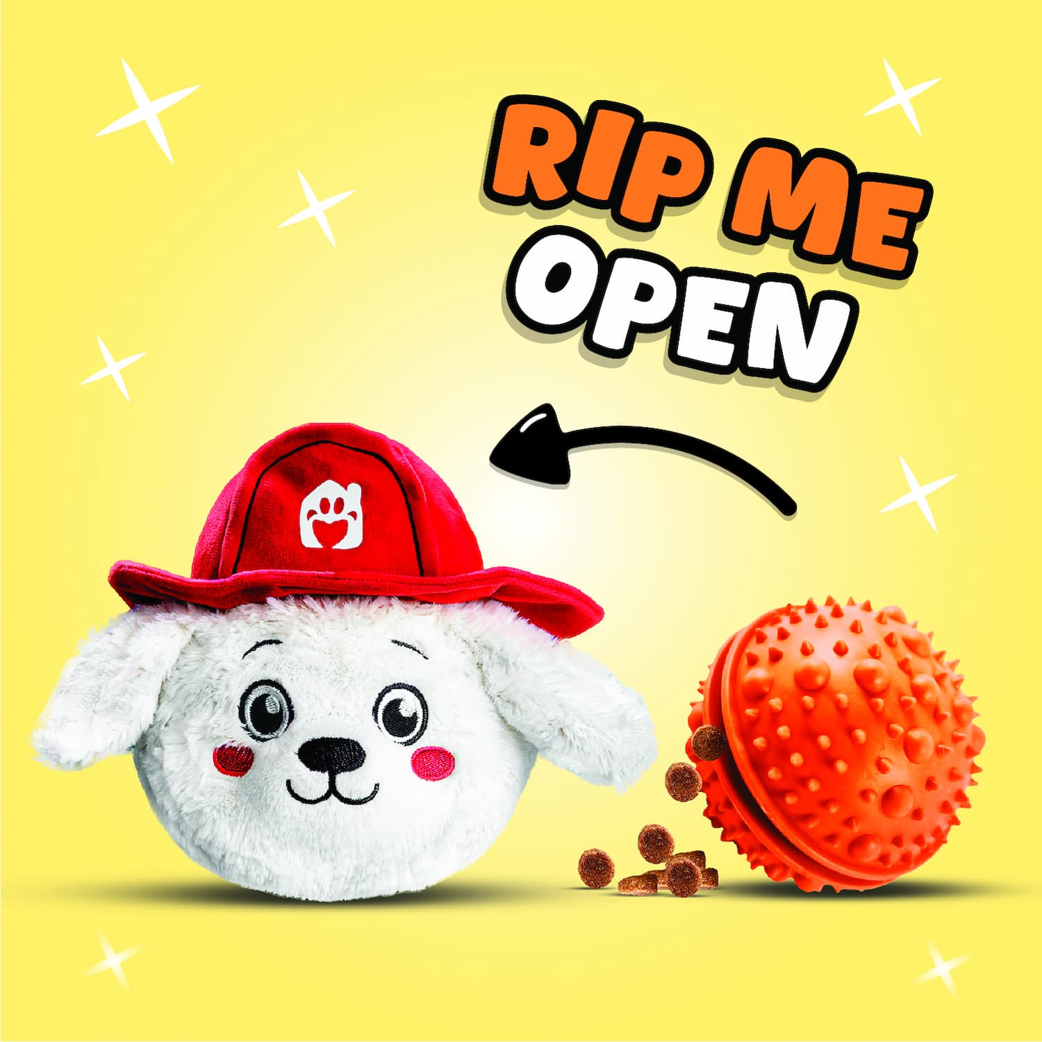 DuraPaw 2-in-1 Rippable plush dog toy with a red fire fighter hat and orange ball on a yellow background