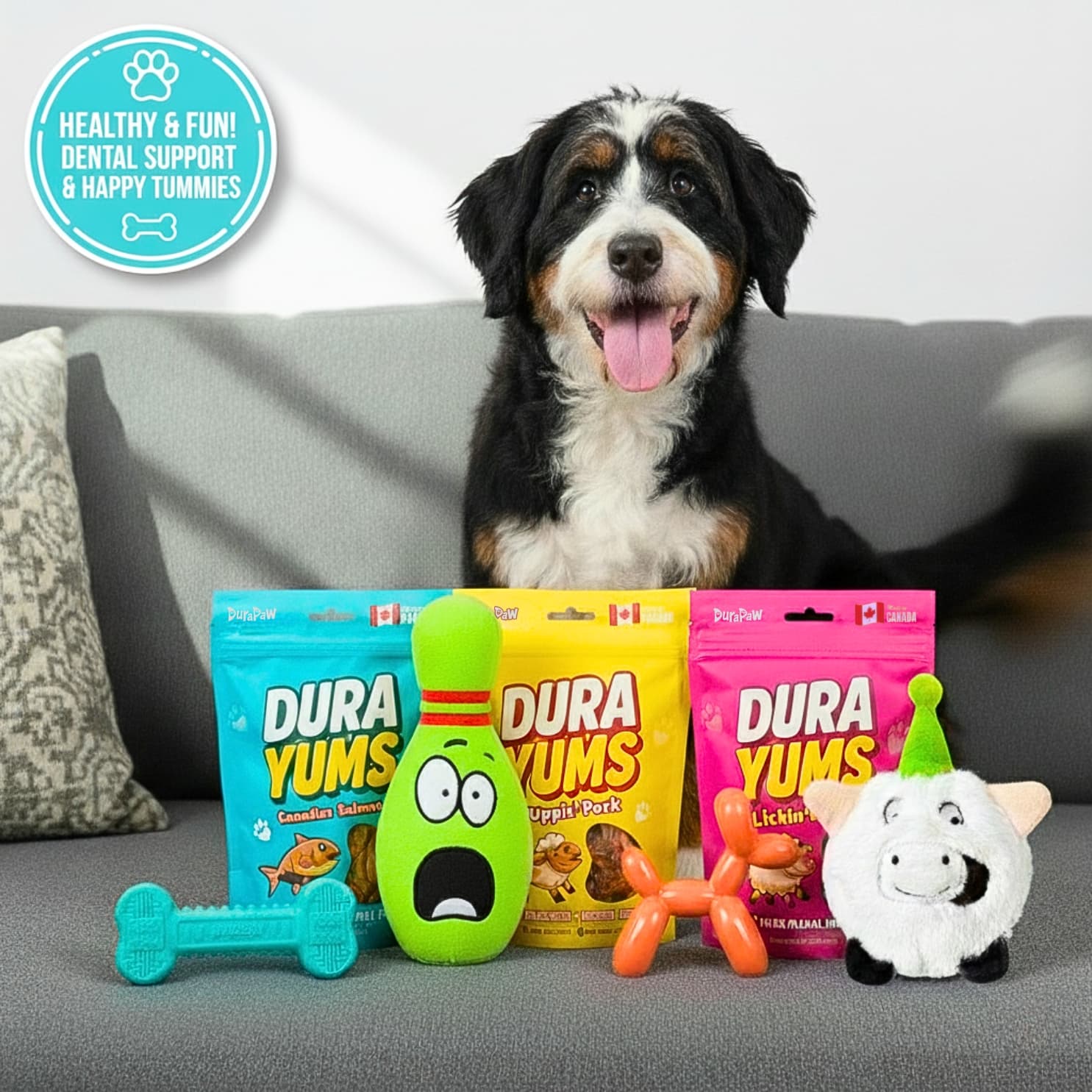 Dog sitting on a couch with DuraPaw dog toys and DuraYums treats in front