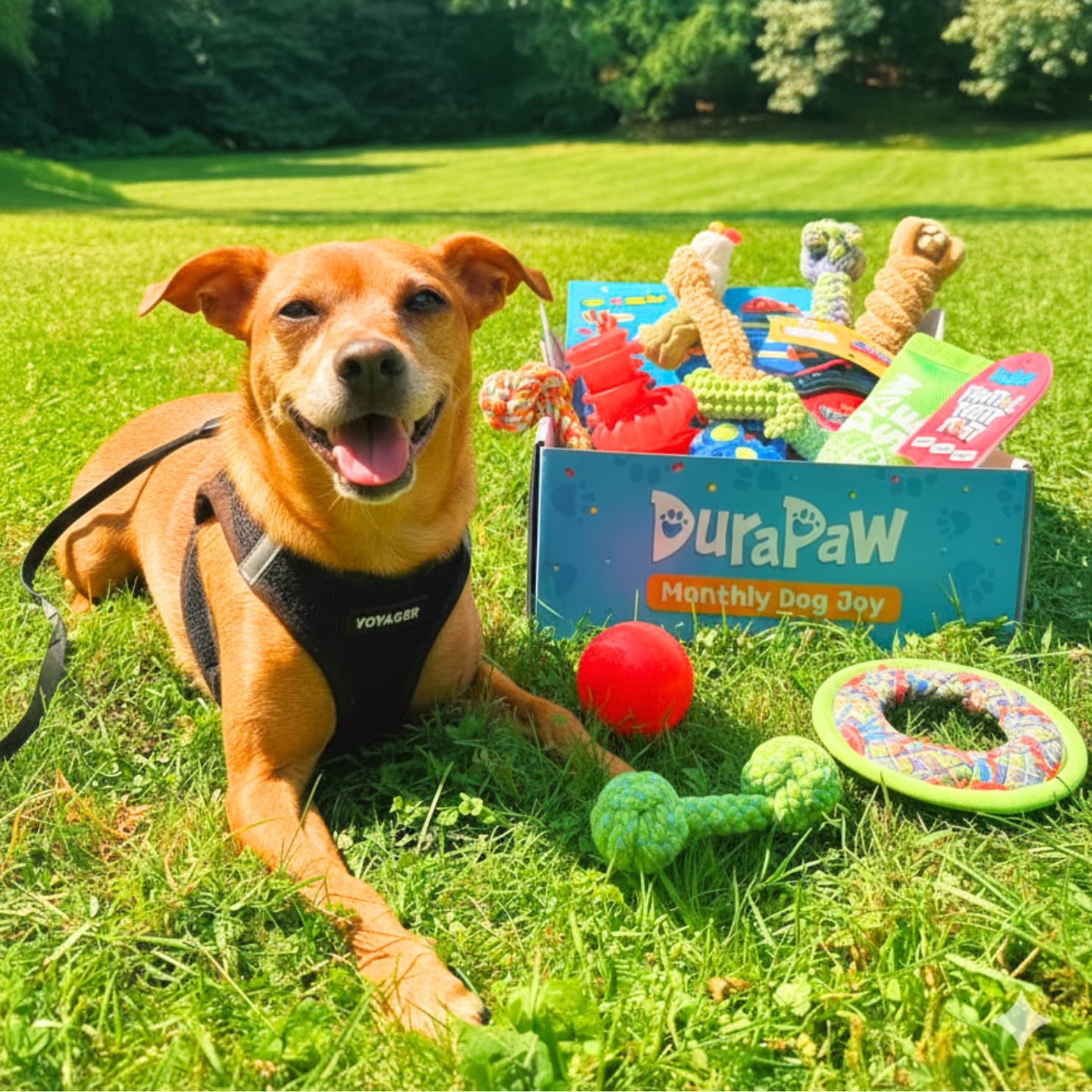 Dog lying on grass with DuraPaw monthly dog subscription box of toys and treats bursting from box in the background