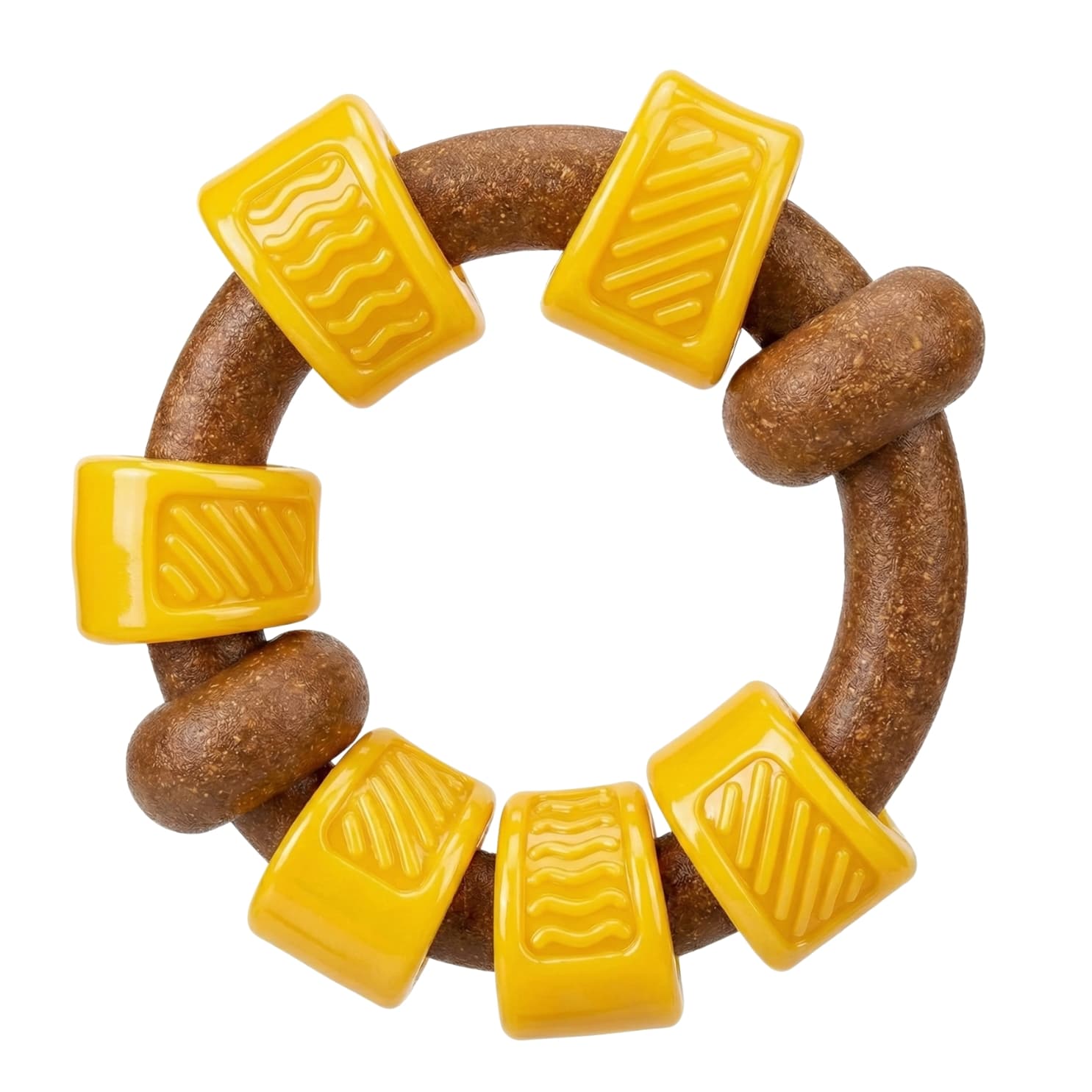 DuraPaw Durable nylon pipe ring dog chew toy with textured yellow blocks