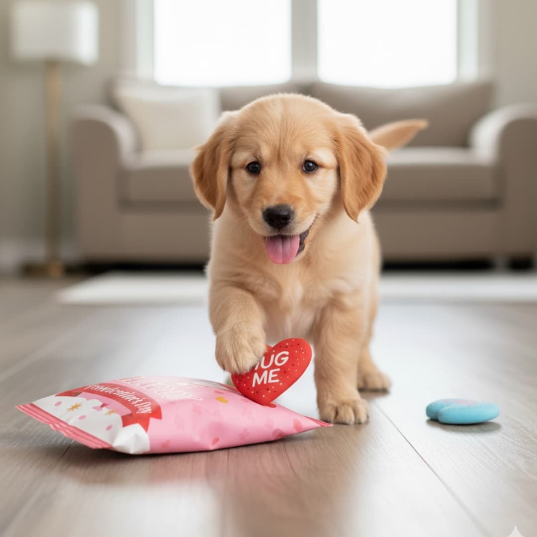 Puppy playing with a 3 in 1 DuraPaw plush valentines toy on a wooden floor.