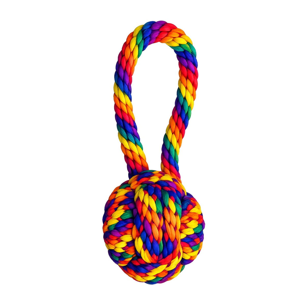 Colorful rope dog toy with a knot on a white background