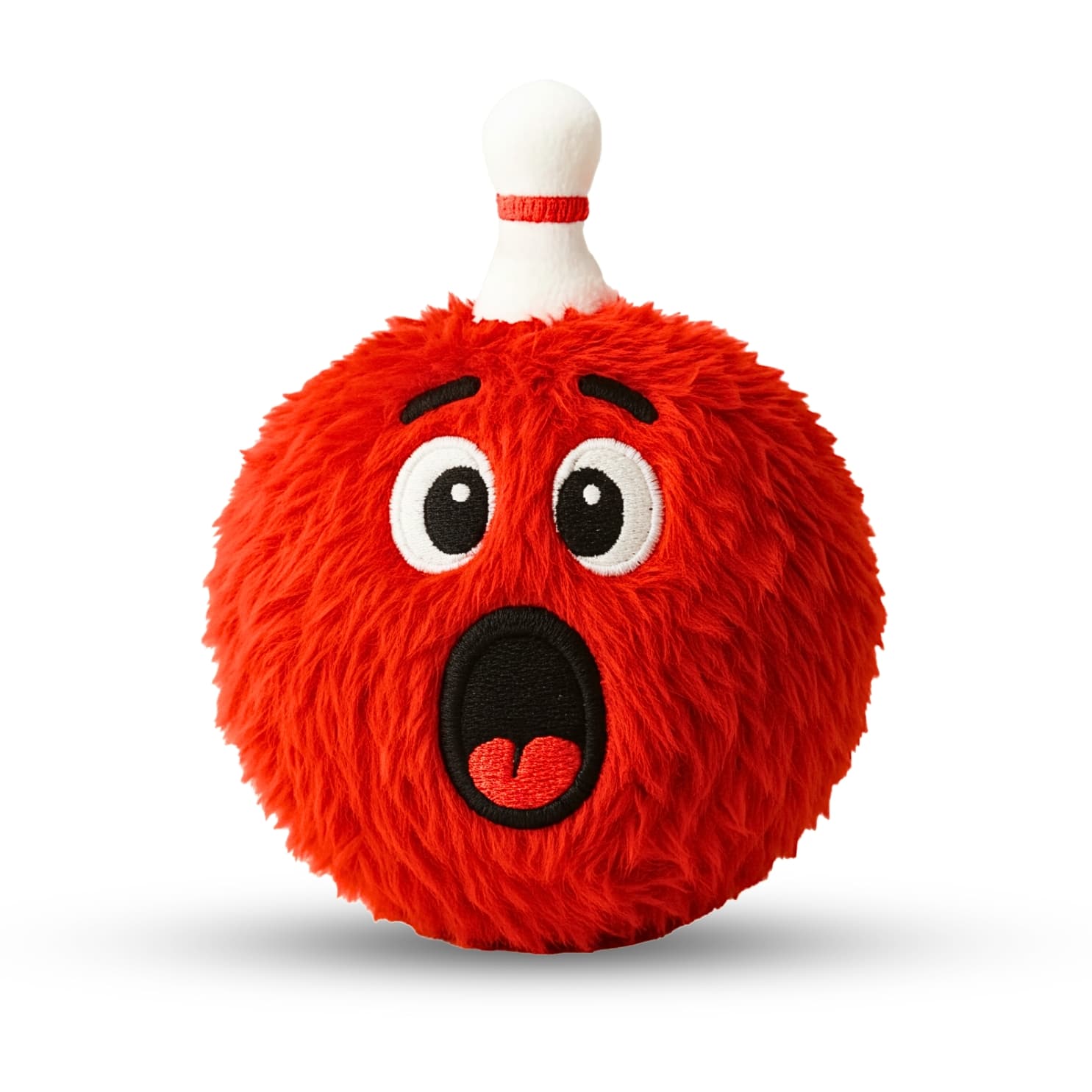DuraPaw 2-in-1 Rippable red plush toy resembling a bowling ball with a surprised expression on a white background