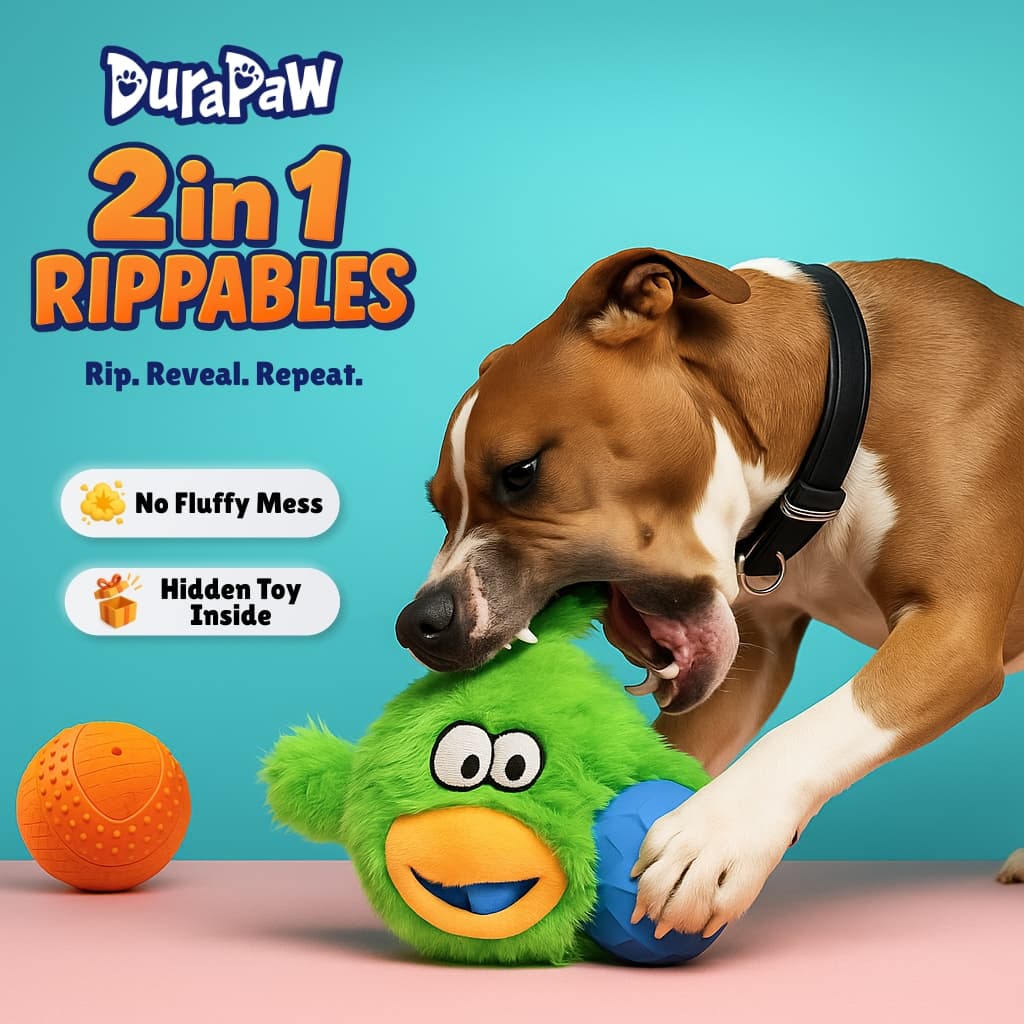 Durapaw 2-in-1 Rippables tough dog toy ad featuring a brown and white dog biting a green plush toy with hidden durable core, no fluff mess, and playful promotional text on a turquoise background