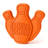 Orange DuraPaw nylon dog toy shaped like a bowling pin with 'Strike & Chew' text on a white background