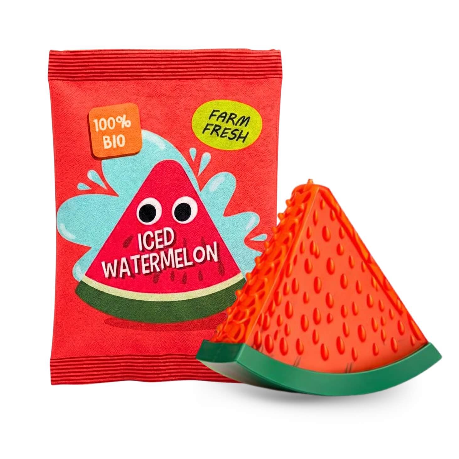 DuraPaw fresh watermelon red dog toy with farm fresh package on white background