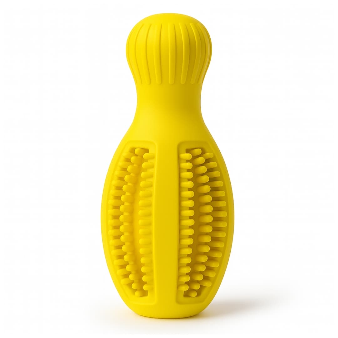 DuraPaw Yellow rubber bowling pin dog toy with textured surface on a white background