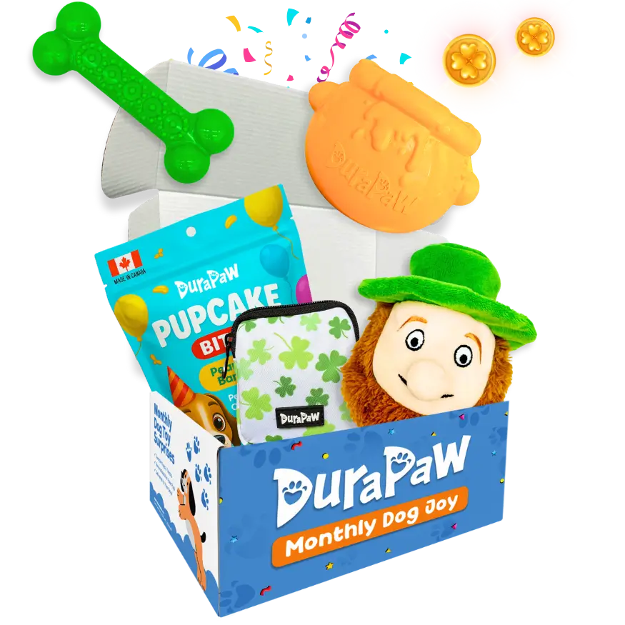 DuraPaw monthly dog toy subscription box with various dog toys and treats on a transparent png background