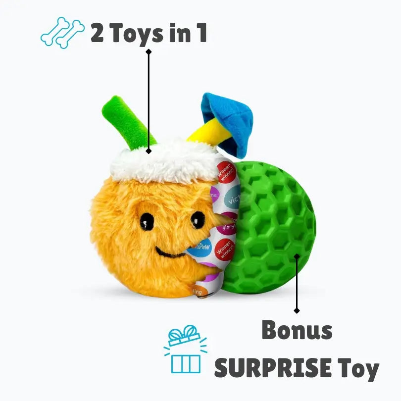 DuraPaw 2 in 1 Coconut Surprise Dog Toy White Background Benefits