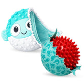 DuraPaw teal puffer fish-shaped Rippable dog toy with a red squeaky spiky ball on a white background