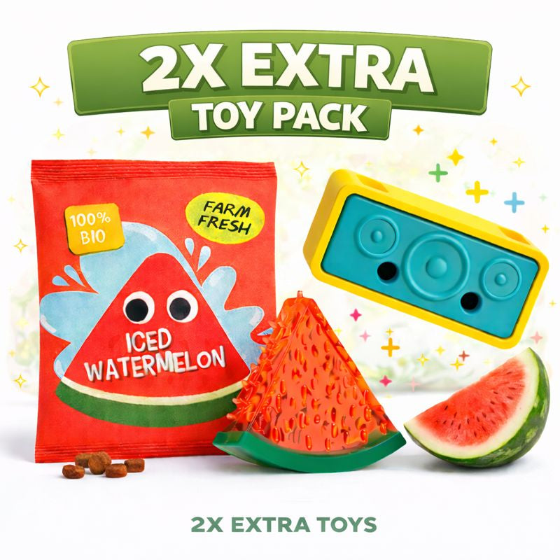 DuraPaw 2 Extra Toy Pack Bundle including an image of a watermelon dog toy and rubber speaker treat dispenser