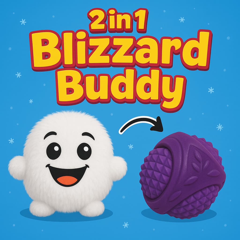 DuraPaw 2-in-1 Blizzard Buddy toy with a plush white character and purple textured ball on a blue background.