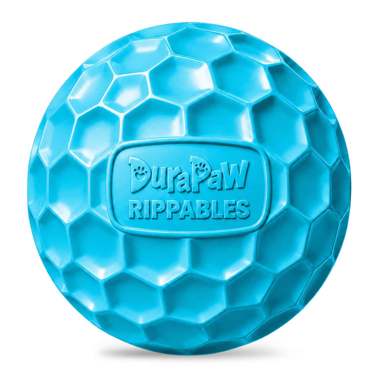 Bright blue rubber dog ball covered in raised hexagon texture, with an embossed logo panel on the front