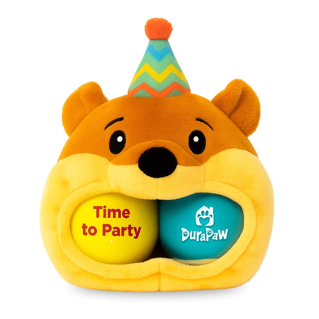 DuraPaw plush bear toy with two tennis balls labeled Time to Party and DuraPaw on a white background