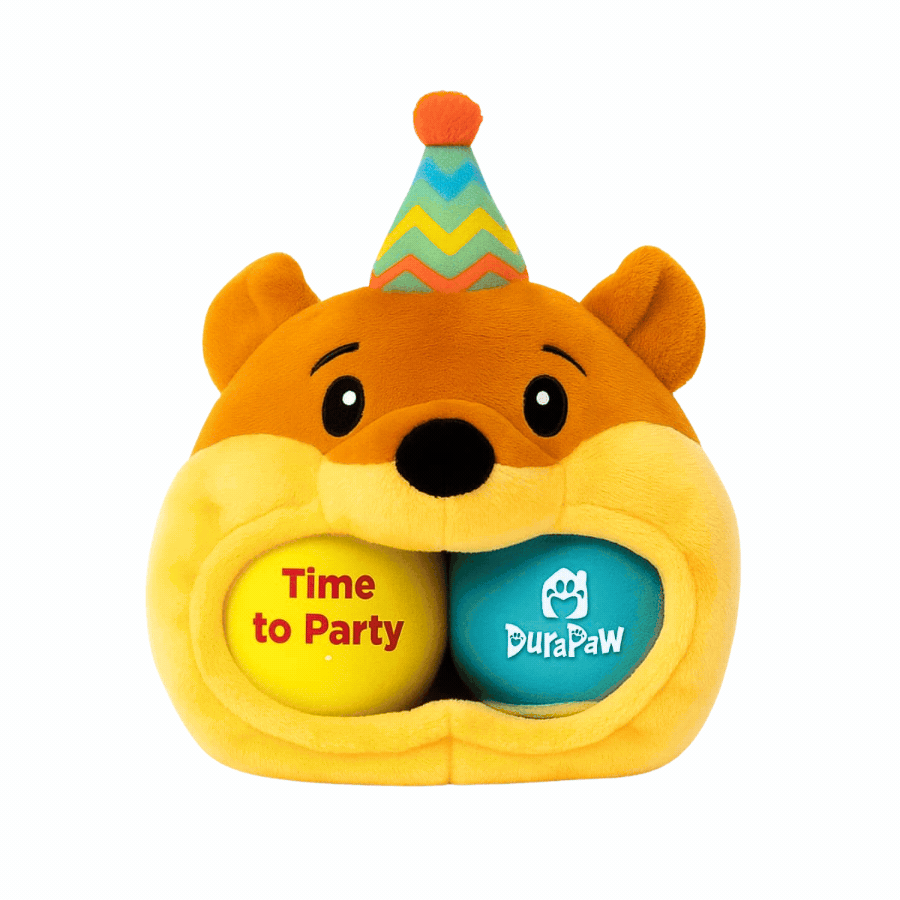 DuraPaw 3 in 1 Tennis Ball plush dog pet toy shaped like a bear with a birthday party hat
