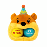 DuraPaw 3 in 1 Tennis Ball plush dog pet toy shaped like a bear with a birthday party hat