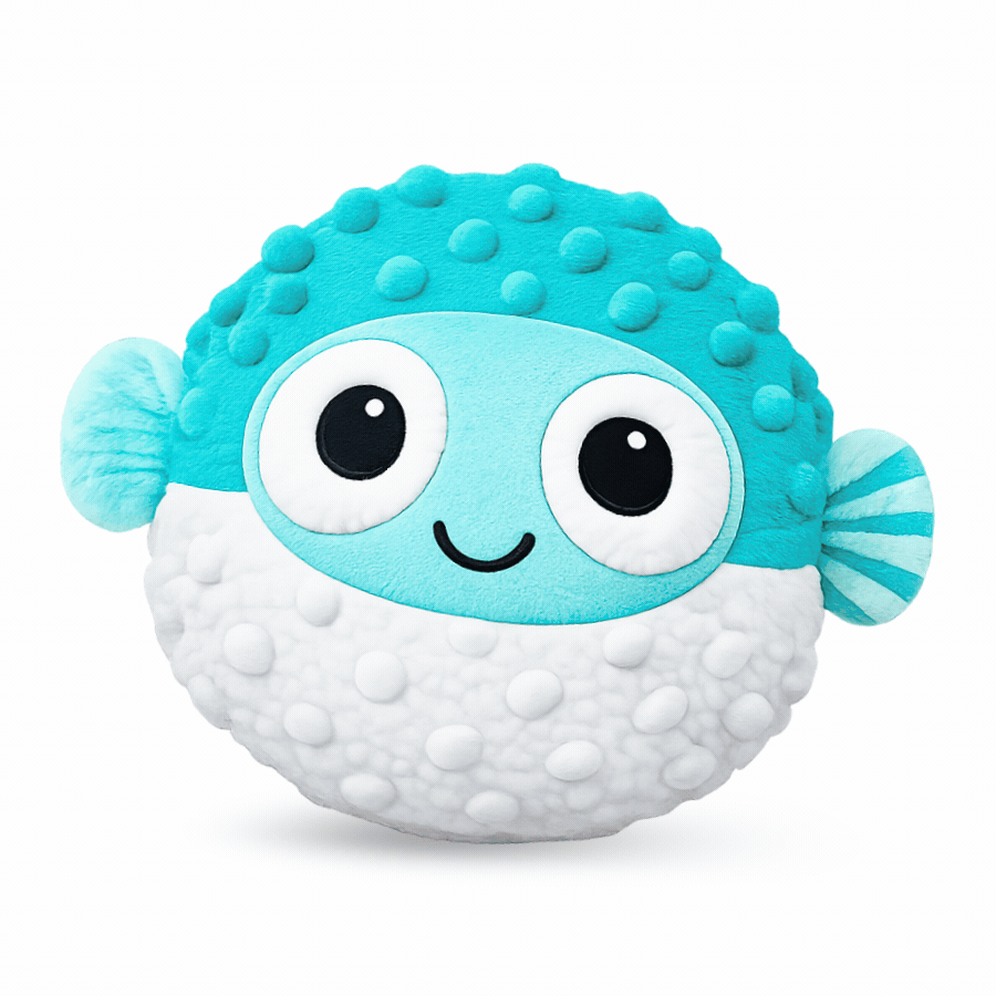 DuraPaw teal puffer fish-shaped Rippable dog toy with a red squeaky spiky ball on a white background GIF