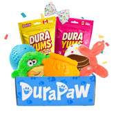 DuraPaw subscription box product set with dog toys and treats on a white background