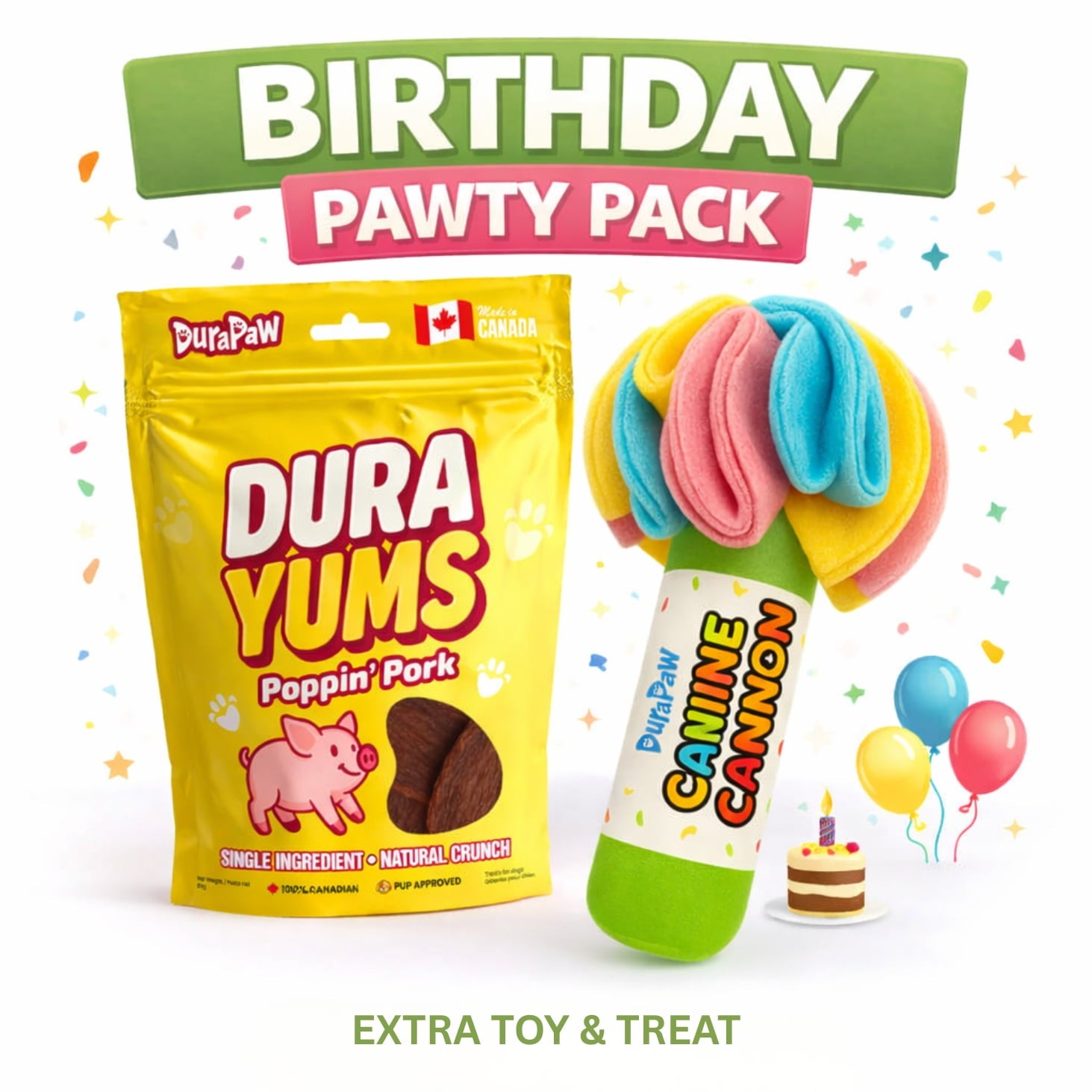 Dura Yums dog treat package and DuraPaw birthday pawty pack toy on a white background.