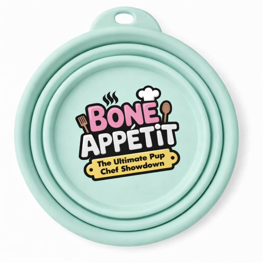 Light blue silicone DuraPaw travel collapsible dog bowl dish with Bone Appetit logo printed on a white background