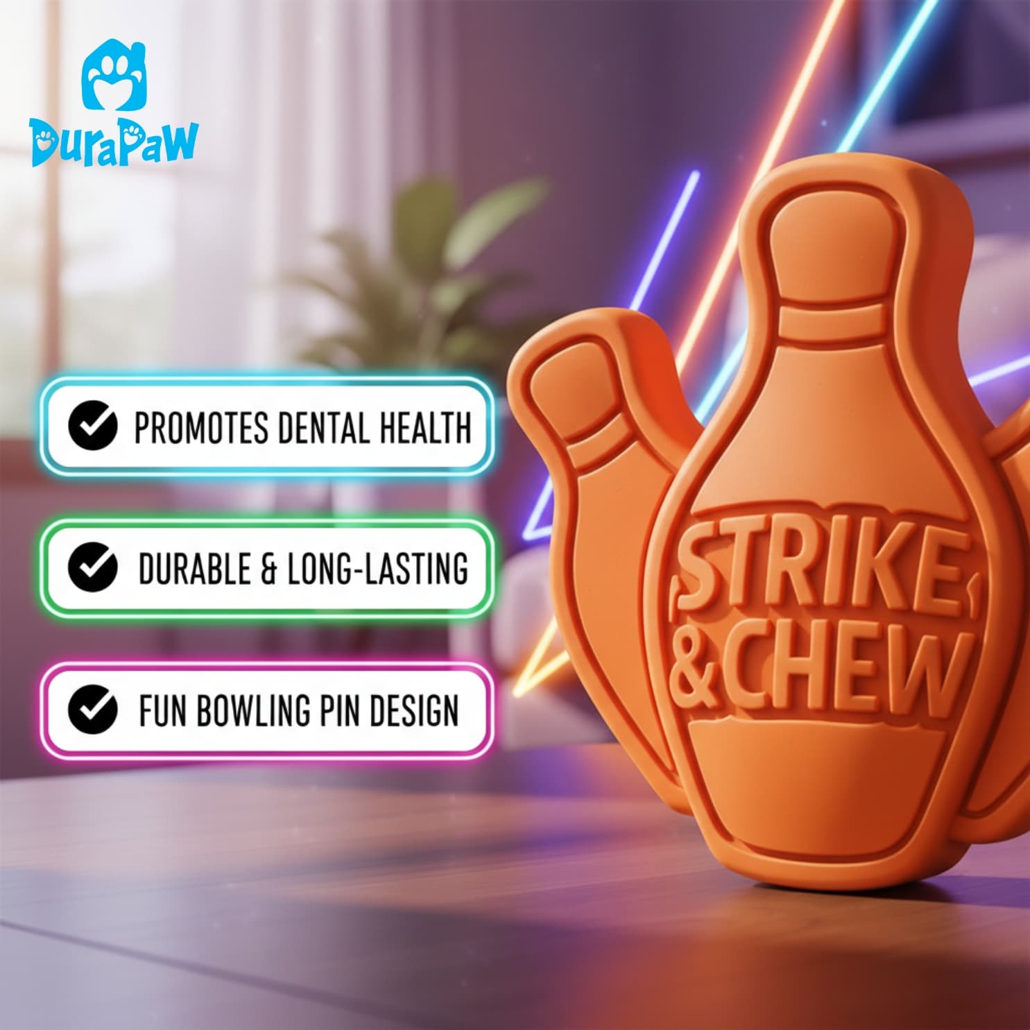 DuraPaw orange 'Strike & Chew' nylon bowling pin dog chew toy with features and benefits listed.