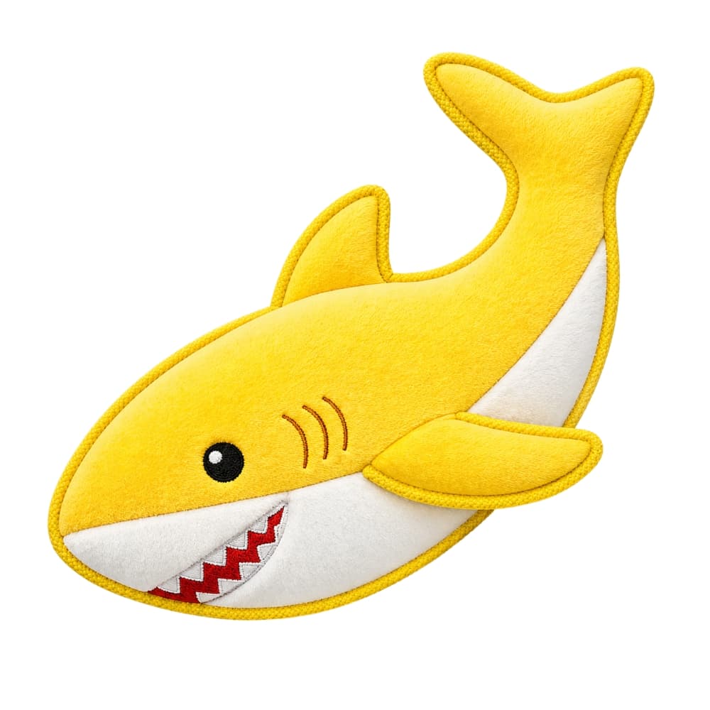 DuraPaw yellow plush fluff free shark dog toy with durable nylon stitching on a white background