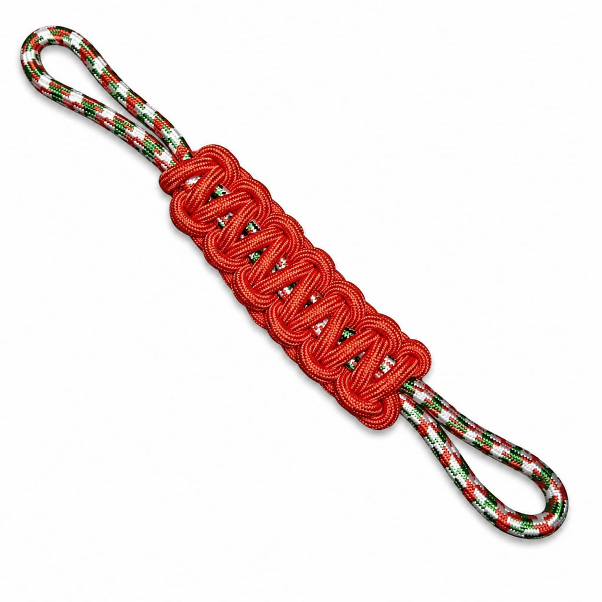 DuraPaw Jolly Jingle Christmas tug rope dog toy — red braided rope with festive red, green, and white candy cane stripe handles, looped at both ends