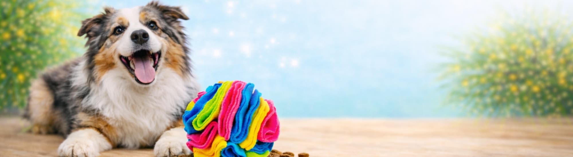 Dog with a colorful snuffle ball outside with a blurred natural background