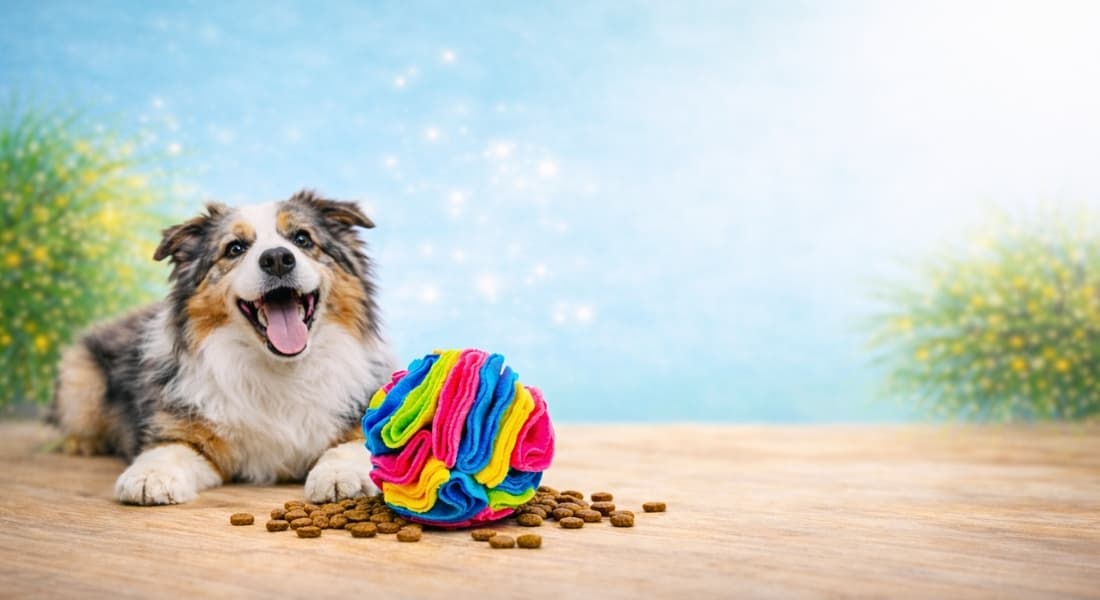 Dog with a colorful snuffle ball treat dispenser outside with a blurred natural background