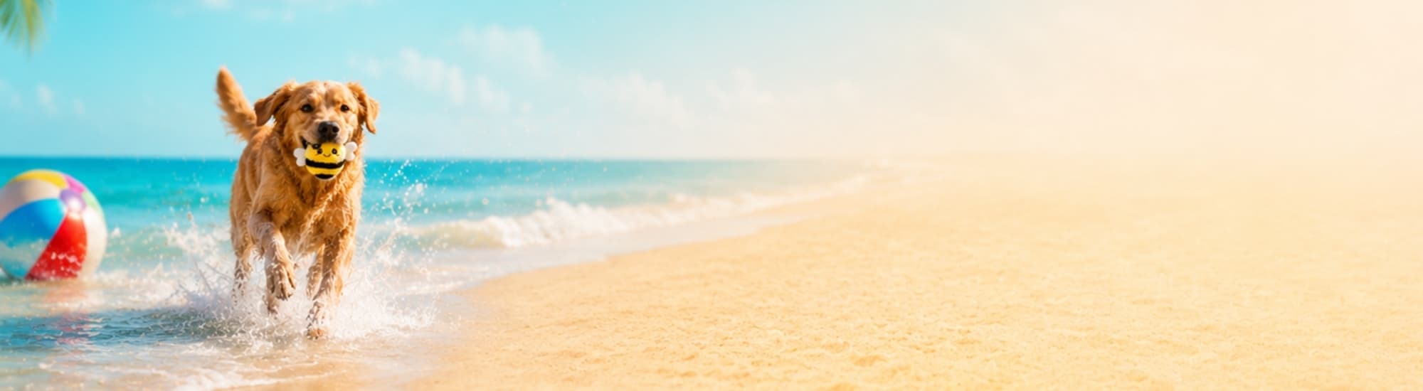 DuraPaw Summer Splash collection banner featuring a dog playing with a Rippable bee toy on a sandy beach, promoting Canada's premium monthly dog toy and treat subscription.