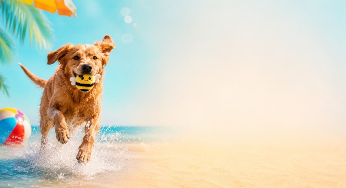 Happy dog sprinting on a sunny beach with a DuraPaw Rippable bee toy in its mouth, showcasing the Summer Splash Drop from Canada's top-rated durable dog subscription box.