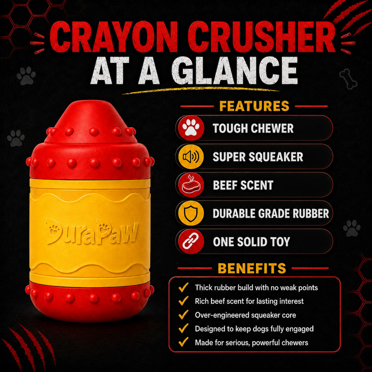 A dog toy product graphic showing a red and yellow DuraPaw Crayon Crusher super tough chewer on a black background with text listing features and benefits.