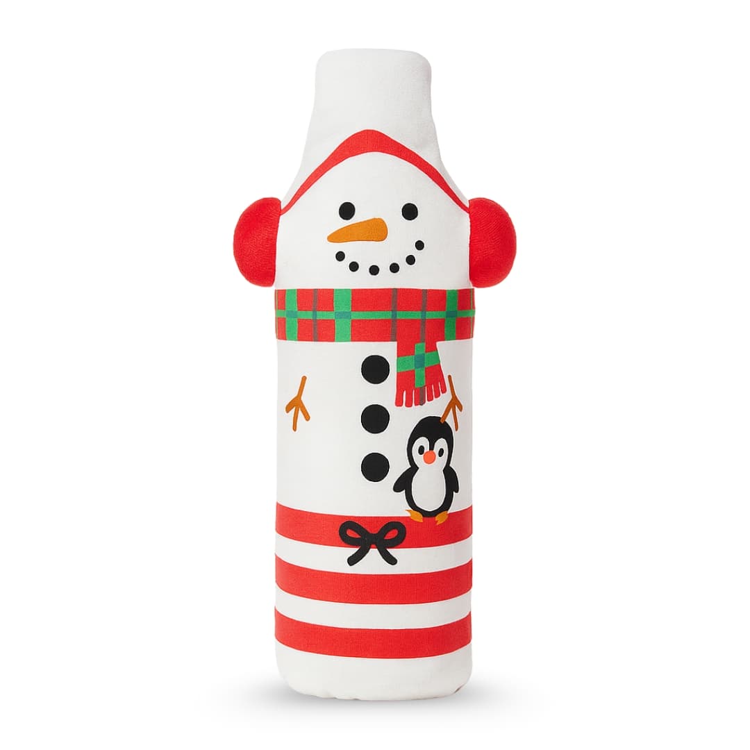 Crunchy the Snowman dog toy with red earmuffs, scarf, penguin design, and striped base