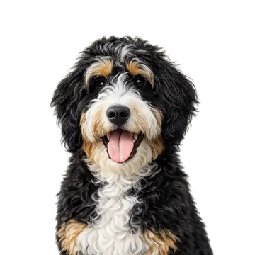 Bernedoodle dog breed with black, white, and brown fur on a png background