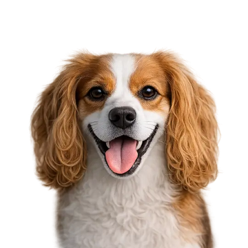 Happy Cavalier King Charles dog breed with a white and brown coat on a png background