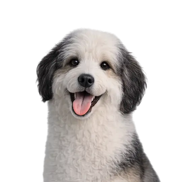 Sheepadoodle dog breed with a happy expression on a png background