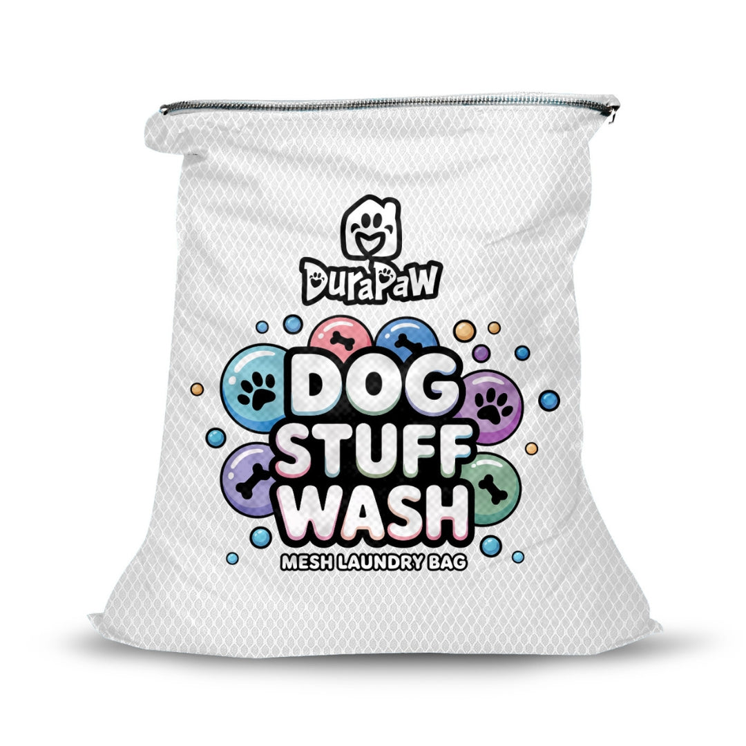 White mesh laundry bag with DuraPaw branding and Dog Stuff Wash text on a white background