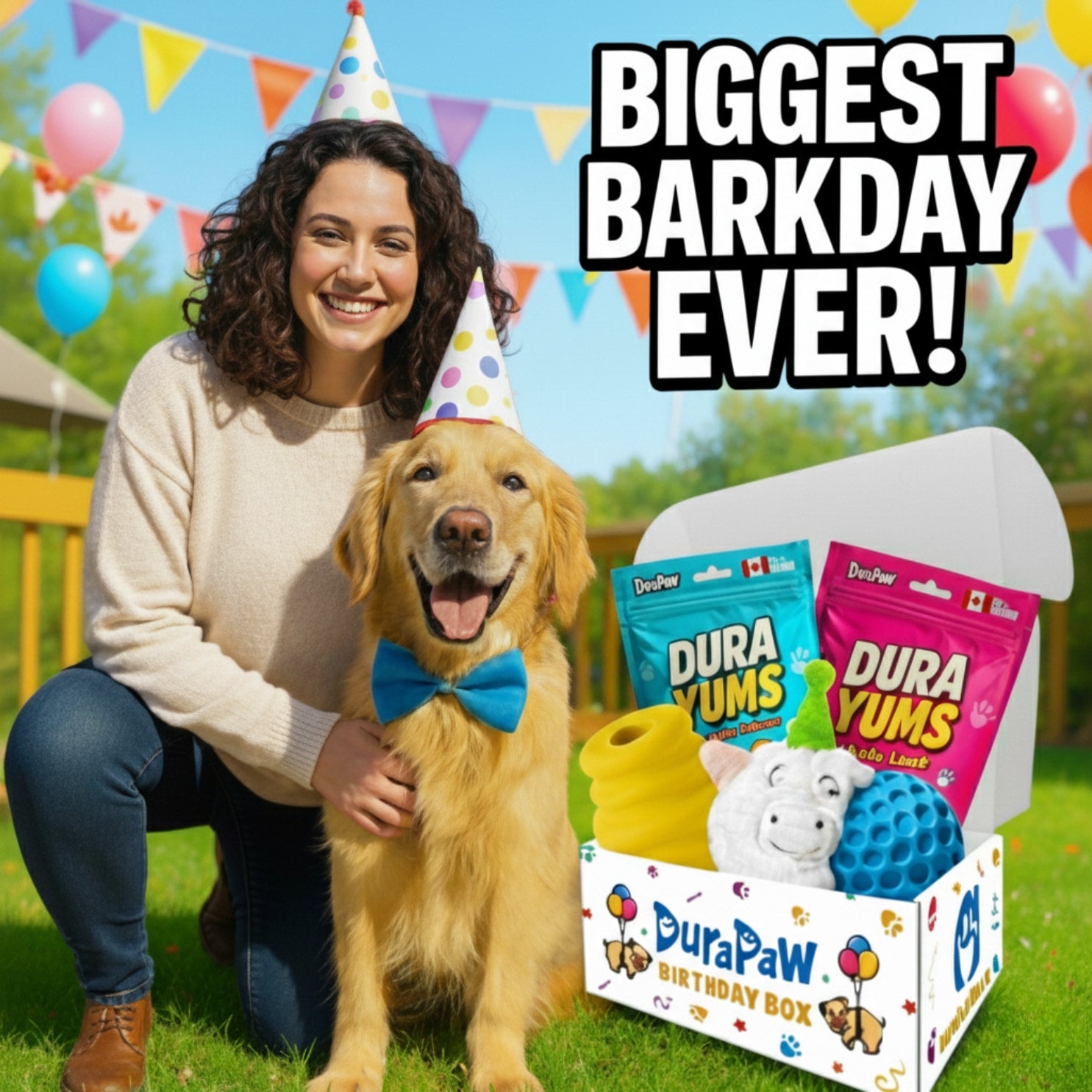 Happy Pet Dog Celebrating Birthday with mom plus DuraPaw super durable toy treat subscription box