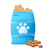 Blue bag of dog treats with a paw print icon and treats spilling out