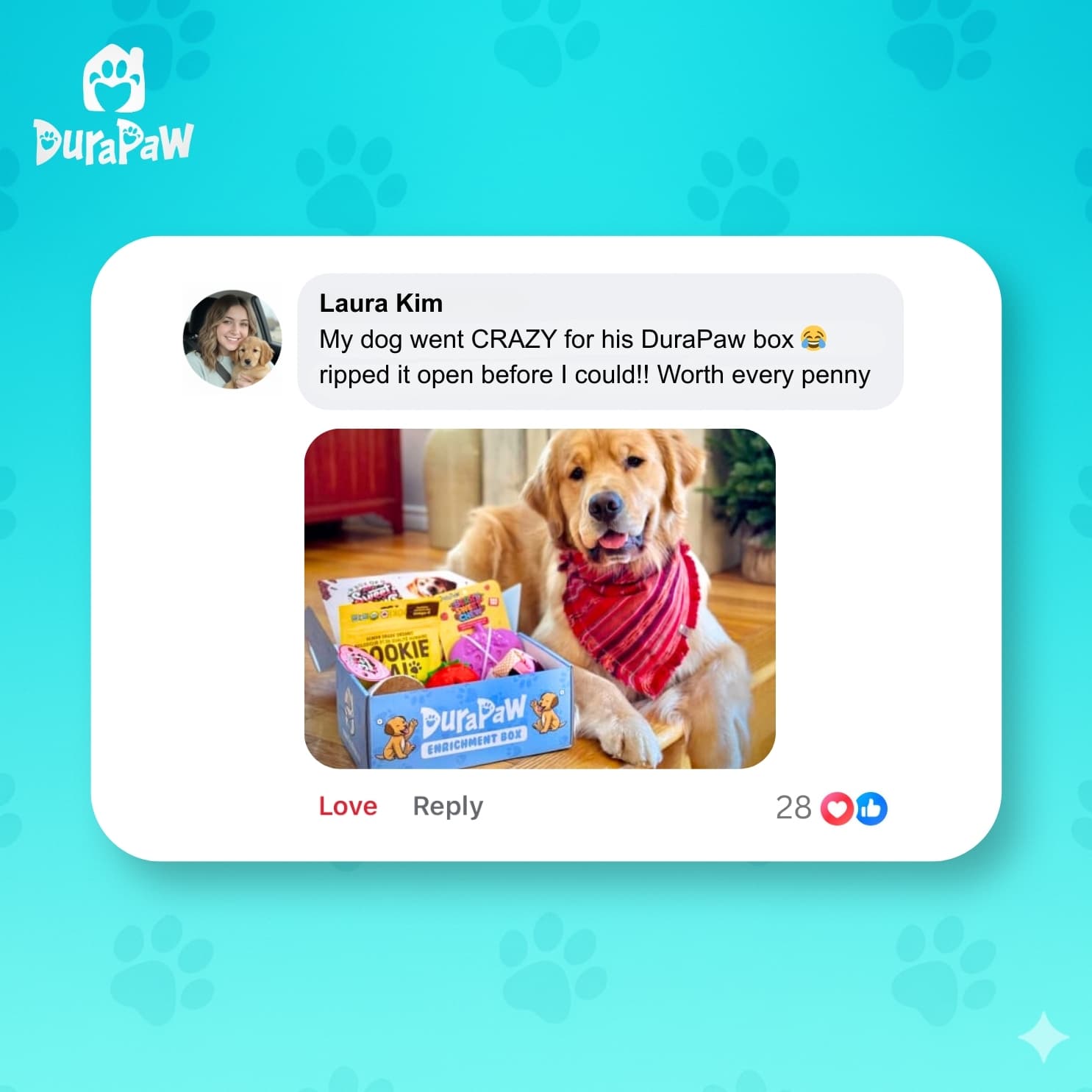 DuraPaw product on a blue background with a dog and text overlay.