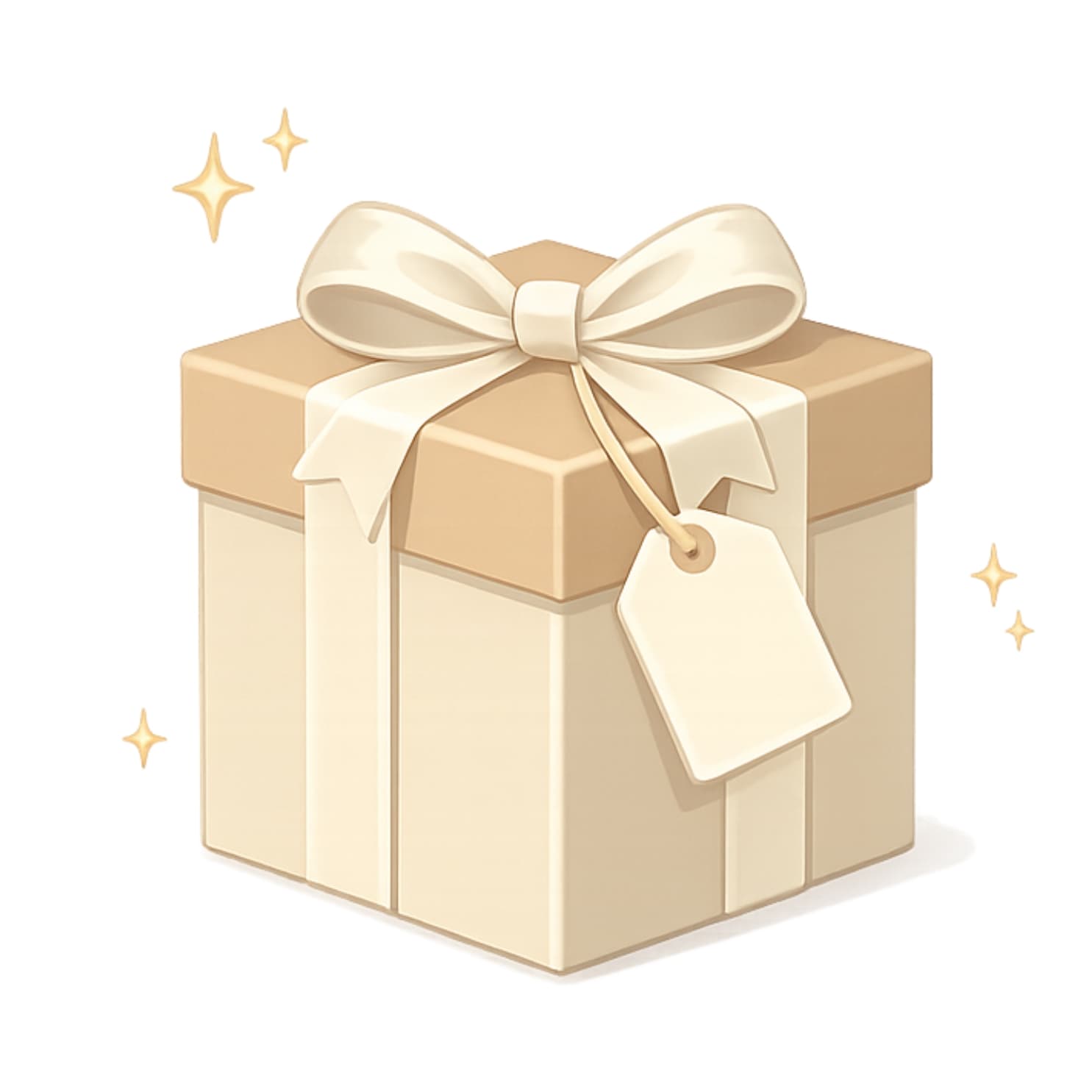 Beige gift box with a white bow and tag on a white background